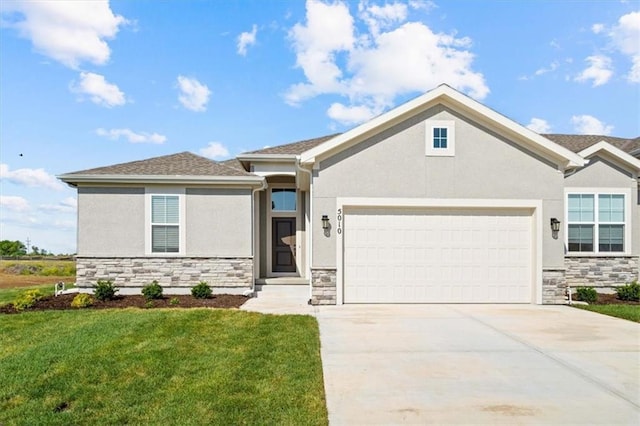 5005 146th St, Basehor, KS 66007 - view of front of property featuring stone siding, stucco siding, a garage, and a front yard