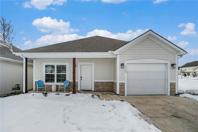 1740 S Park Dr, Tonganoxie, KS 66086 - ranch-style home featuring a shingled roof, an attached garage, stone siding, a porch, and driveway