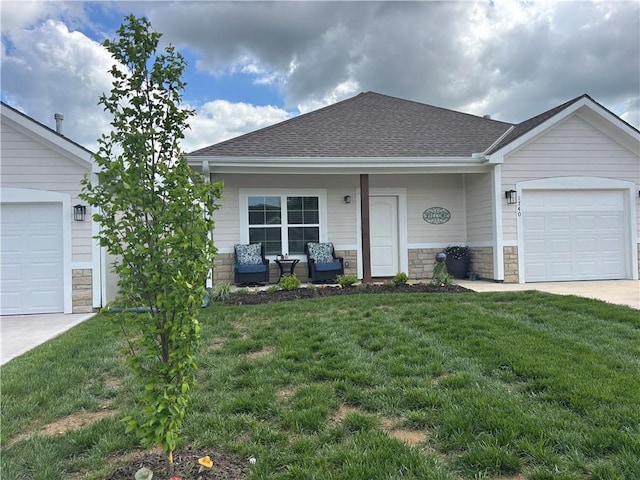 1740 S Park Dr, Tonganoxie, KS 66086 - ranch-style house featuring roof with shingles, a garage, stone siding, and a front lawn