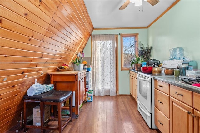 kitchen featuring wood finished floors, ceiling fan, ornamental molding, vaulted ceiling, and white range with electric stovetop