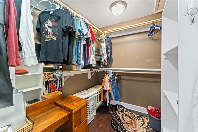 spacious closet with dark hardwood / wood-style floors