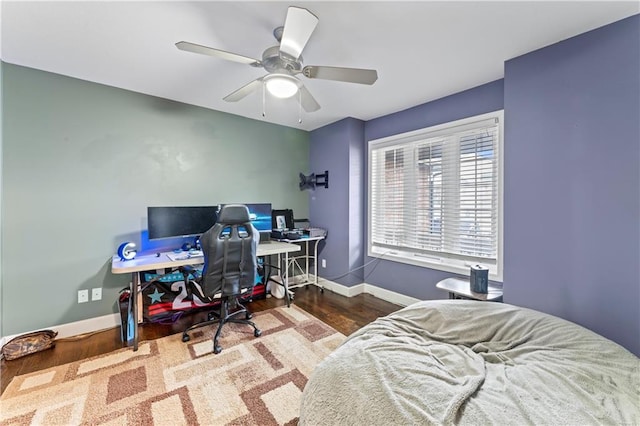 bedroom with ceiling fan and wood-type flooring