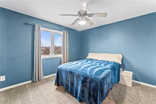 bedroom featuring ceiling fan and carpet