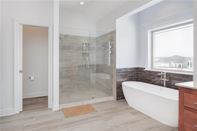 bathroom with vanity and independent shower and bath