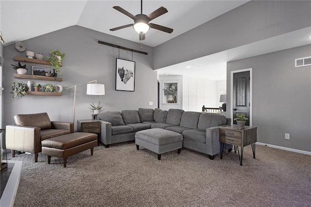 living room with ceiling fan, vaulted ceiling, and carpet floors