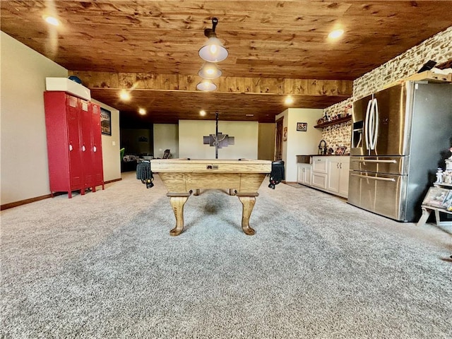 game room featuring wood ceiling, billiards, and light carpet