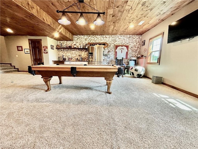 recreation room featuring carpet flooring, wooden ceiling, and billiards