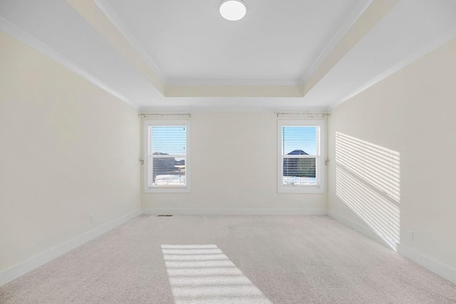 carpeted spare room with a raised ceiling, baseboards, and ornamental molding