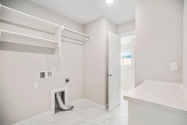 washroom with laundry area, baseboards, marble finish floor, and electric dryer hookup