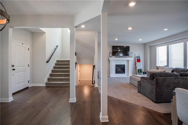 living room with dark wood-type flooring