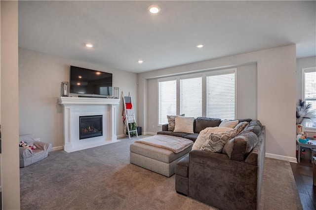 living room featuring dark colored carpet