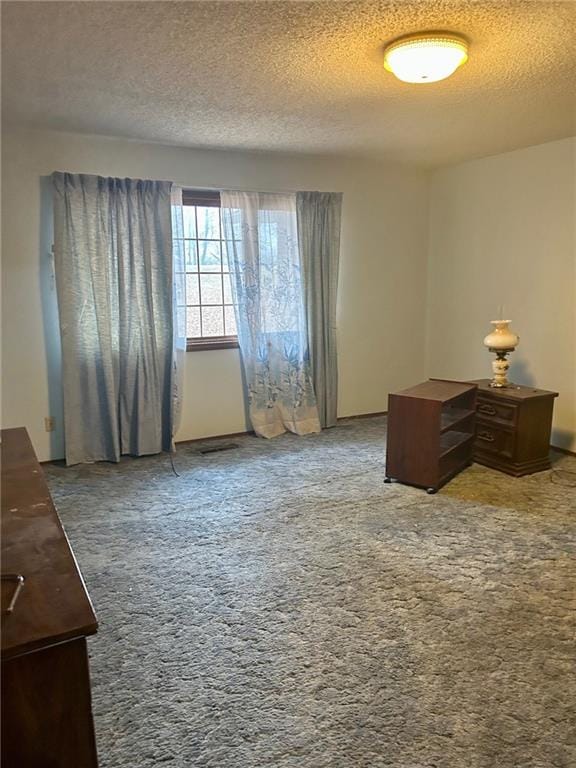 interior space featuring a textured ceiling and carpet flooring