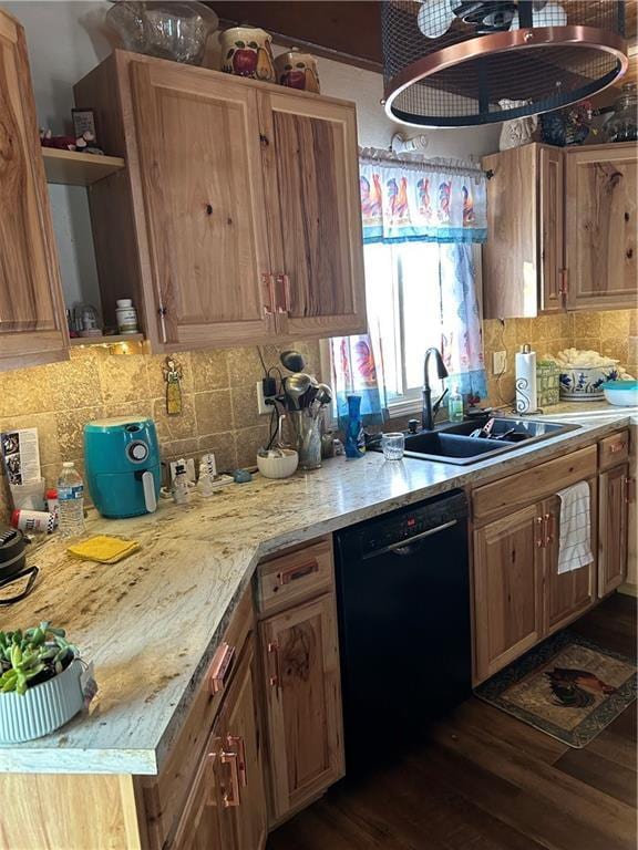 kitchen with decorative backsplash, dishwasher, dark hardwood / wood-style floors, and sink