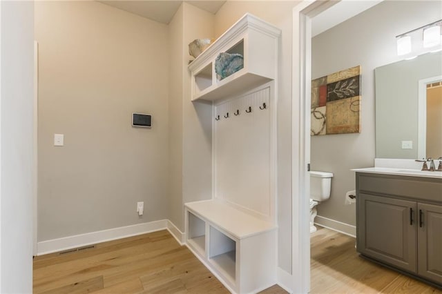 mudroom with sink and light hardwood / wood-style flooring