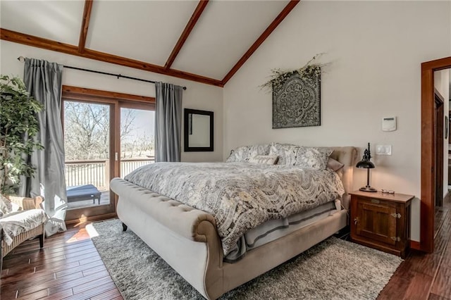 bedroom featuring access to outside, dark wood-style flooring, high vaulted ceiling, and beam ceiling