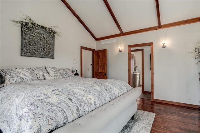 bedroom with lofted ceiling with beams, baseboards, visible vents, and dark wood finished floors