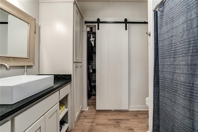 bathroom featuring toilet, a shower with curtain, wood finished floors, vanity, and a closet