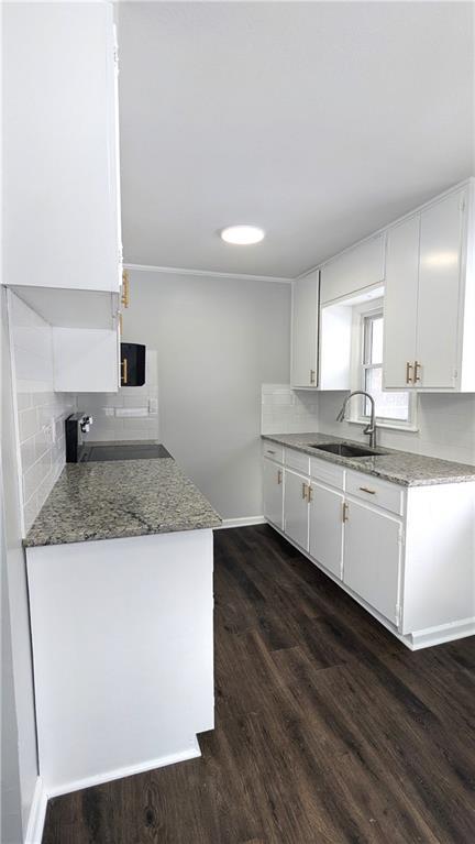 kitchen featuring dark hardwood / wood-style flooring, sink, tasteful backsplash, and white cabinets