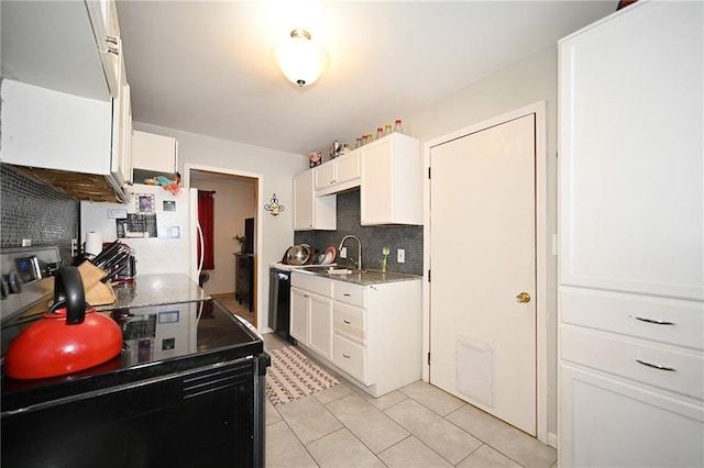 kitchen with decorative backsplash, white cabinets, black dishwasher, white fridge, and stainless steel range with electric cooktop