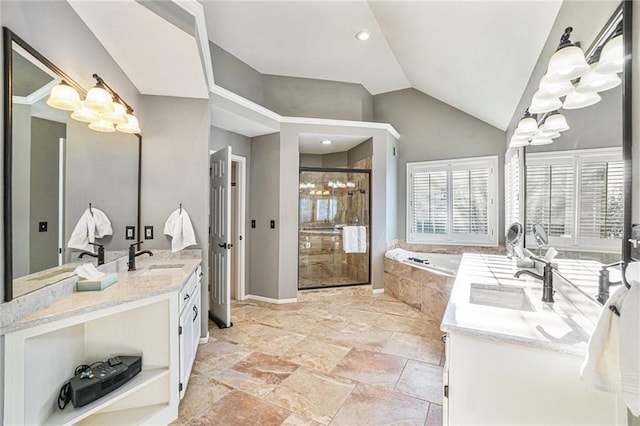 bathroom featuring vanity, plus walk in shower, and a chandelier