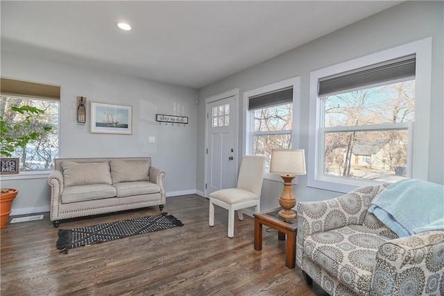 living room with dark hardwood / wood-style floors and a healthy amount of sunlight