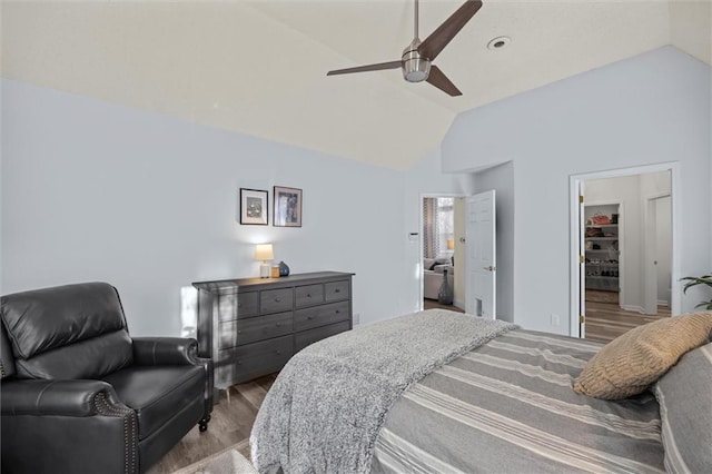 bedroom featuring a walk in closet, a closet, vaulted ceiling, and wood finished floors