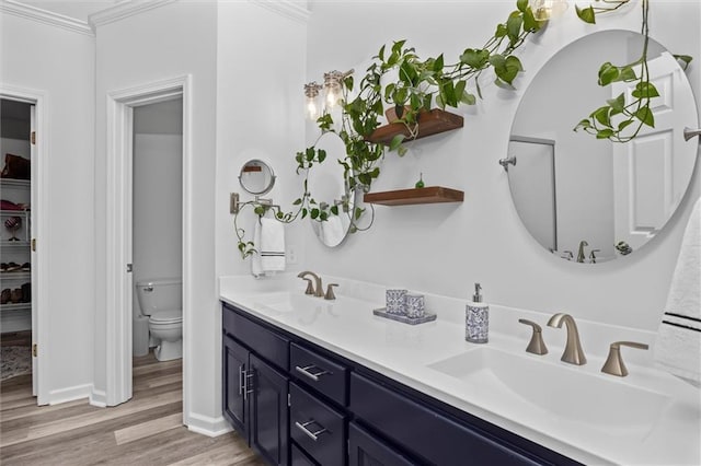 bathroom with double vanity, a sink, toilet, and wood finished floors