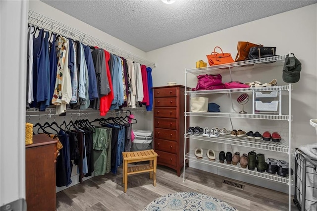 walk in closet with wood finished floors