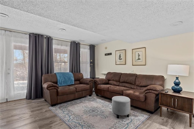 living room featuring a textured ceiling and wood finished floors