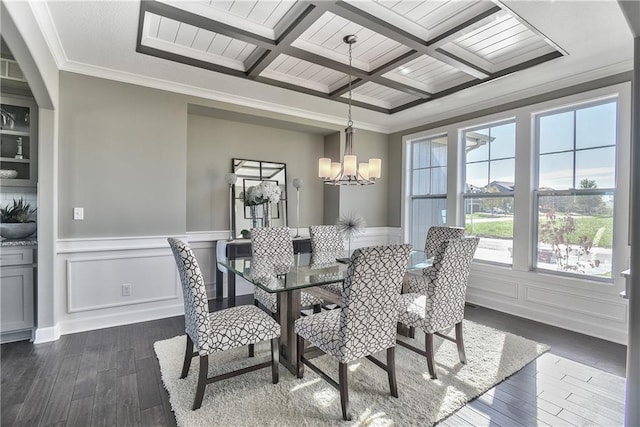 dining space featuring coffered ceiling, crown molding, a chandelier, beamed ceiling, and dark hardwood / wood-style floors