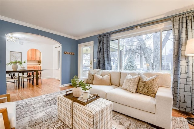 living room with ornamental molding and light wood-type flooring