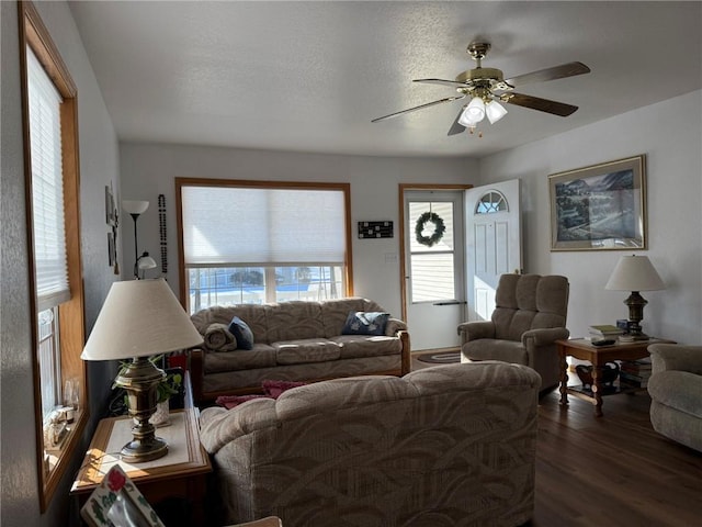 living room featuring a textured ceiling, ceiling fan, and dark hardwood / wood-style flooring