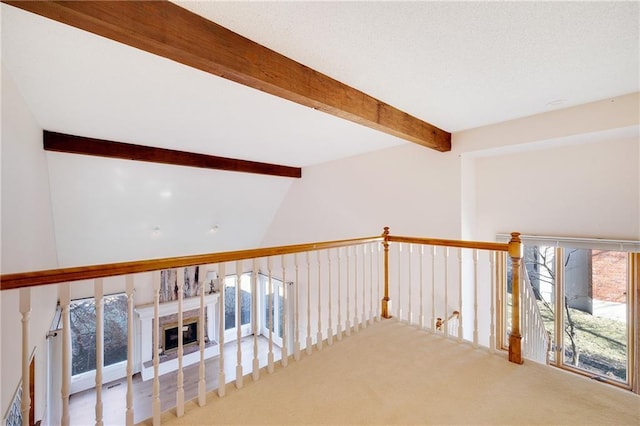 hall with lofted ceiling with beams and carpet floors