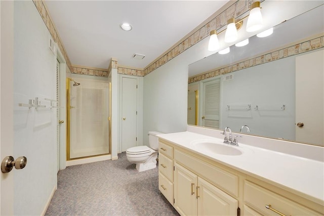 full bath featuring a stall shower, visible vents, vanity, and toilet