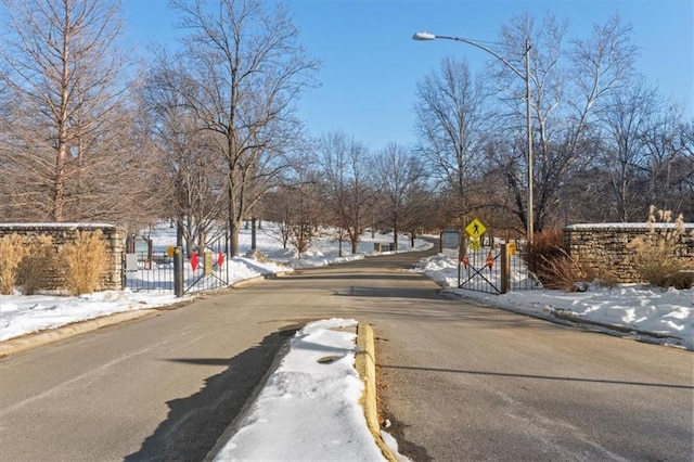 view of street featuring curbs, street lighting, traffic signs, and a gate