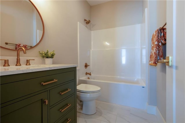 full bathroom featuring vanity, tub / shower combination, and toilet