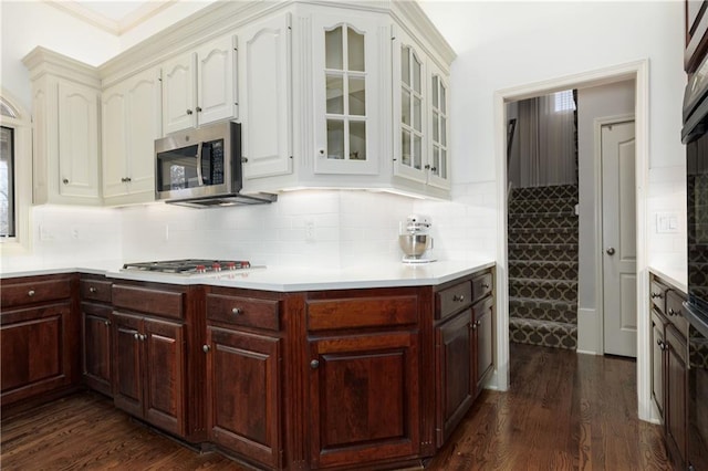 kitchen featuring stainless steel appliances, dark hardwood / wood-style flooring, and backsplash