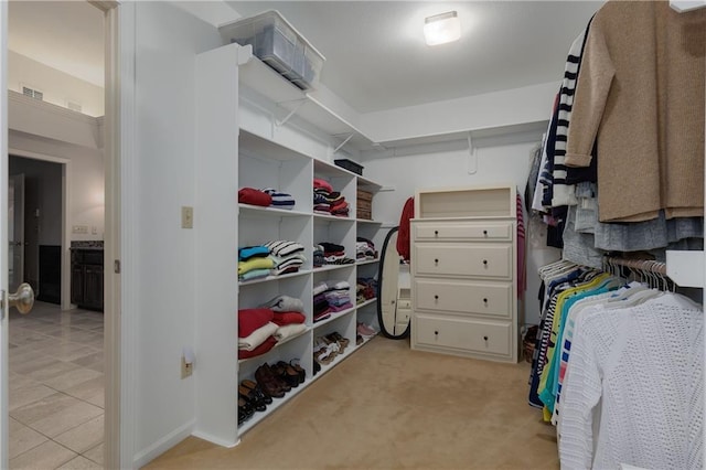 walk in closet with light carpet