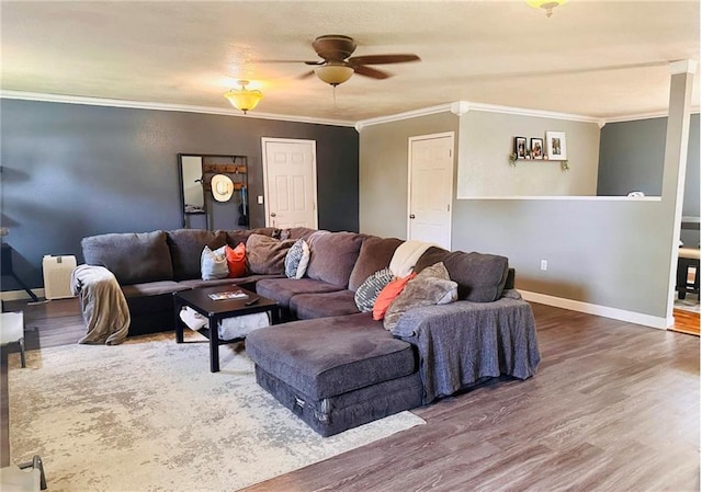 living room featuring ceiling fan, crown molding, and dark wood-type flooring