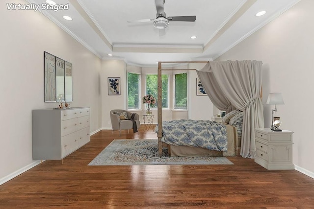 12823 Connell St, Overland Park, KS 66213 - bedroom with a raised ceiling, wood finished floors, ornamental molding, recessed lighting, and ceiling fan