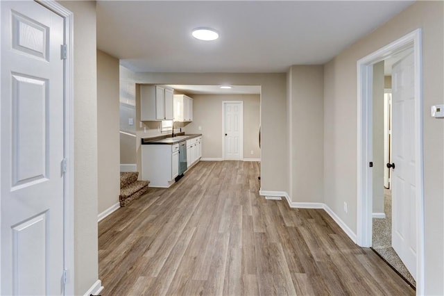 kitchen with light hardwood / wood-style flooring, stainless steel dishwasher, and sink