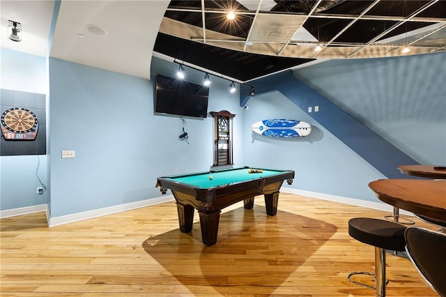 rec room featuring hardwood / wood-style floors, track lighting, and pool table