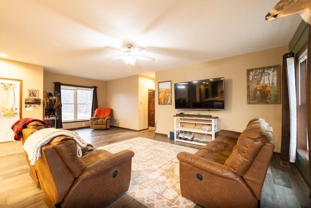 living room featuring ceiling fan and wood-type flooring