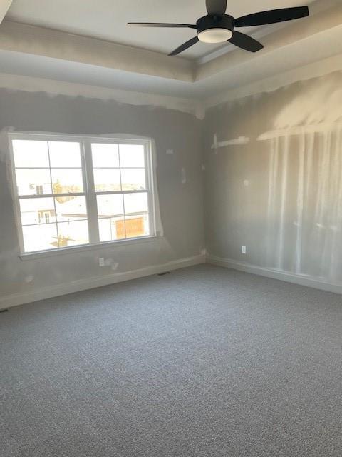 spare room featuring a tray ceiling, plenty of natural light, and baseboards