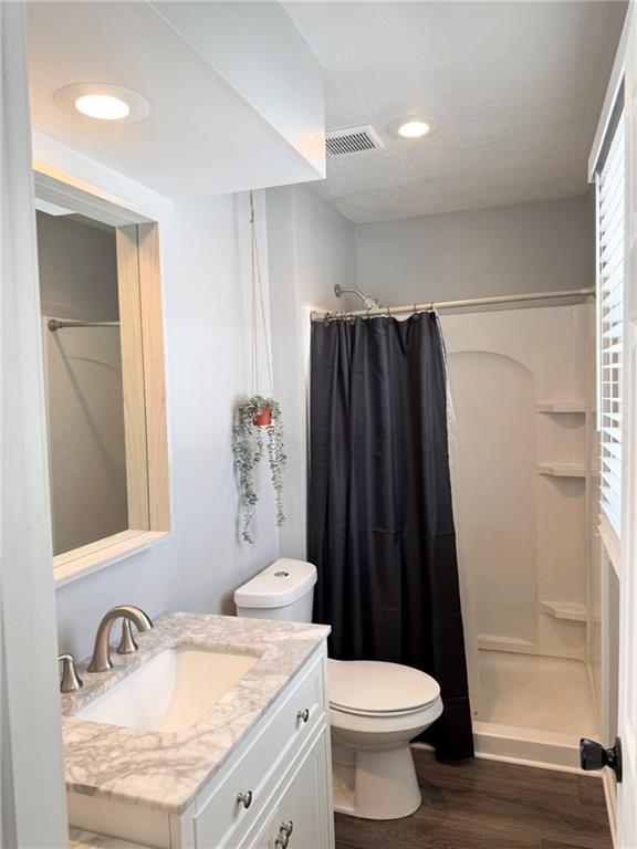 bathroom with hardwood / wood-style floors, vanity, toilet, and a shower with shower curtain