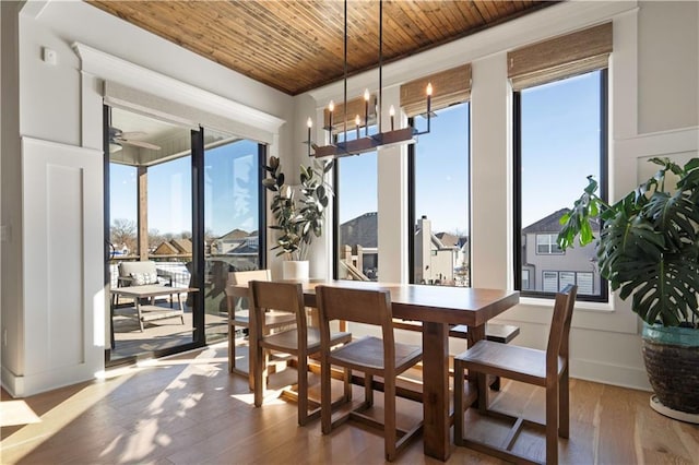 dining room featuring wooden ceiling, ceiling fan with notable chandelier, and hardwood / wood-style floors