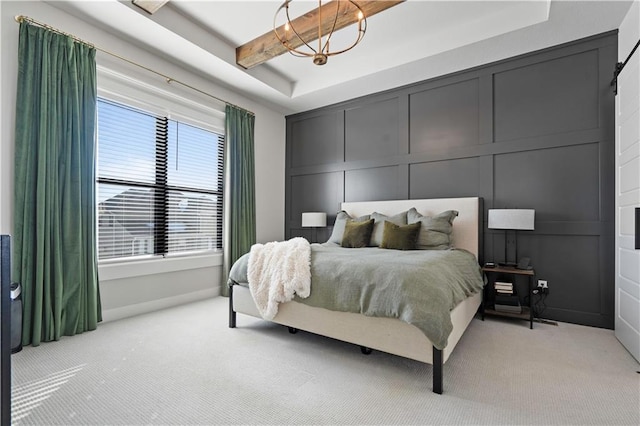 carpeted bedroom featuring multiple windows and beam ceiling