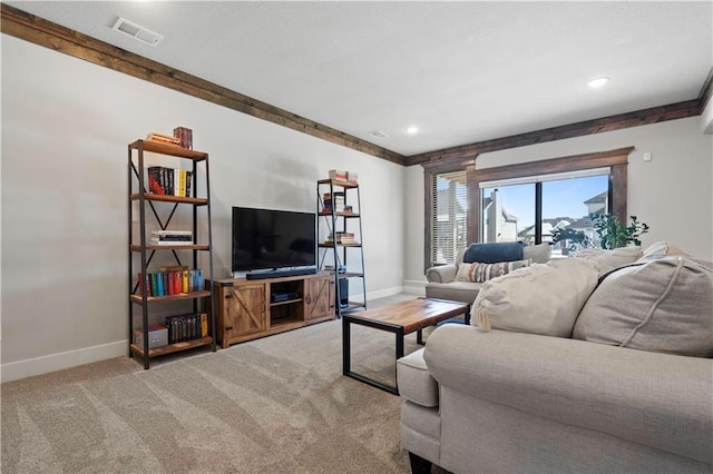 living room featuring light colored carpet