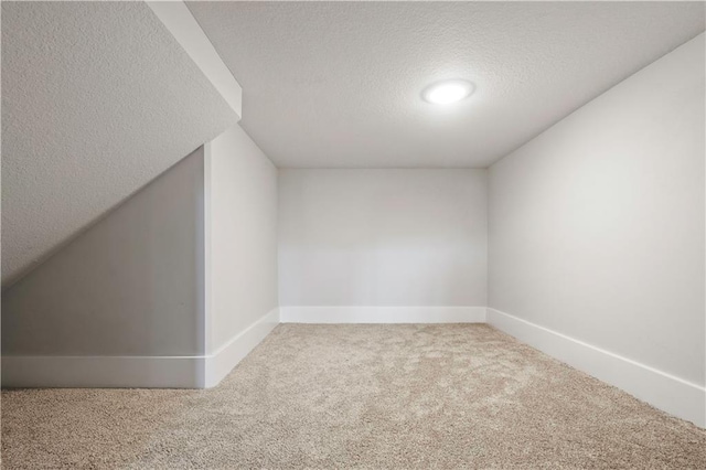 additional living space featuring a textured ceiling and carpet flooring