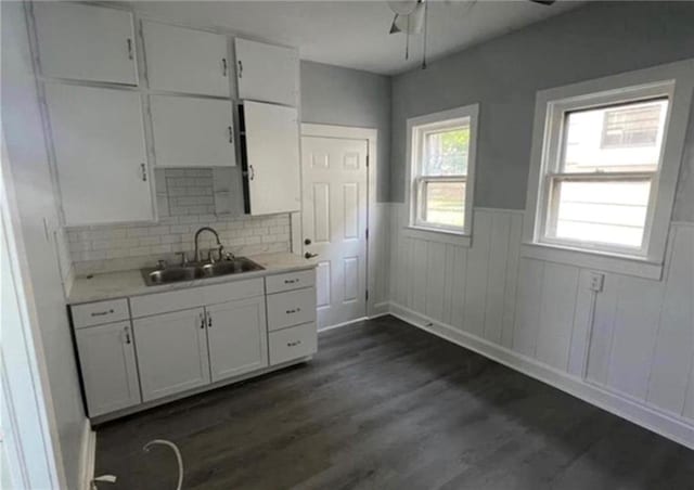 kitchen featuring white cabinetry, sink, ceiling fan, and dark hardwood / wood-style floors